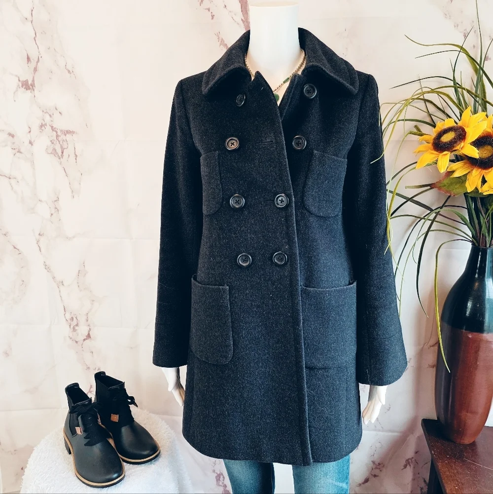 J. Crew Women's Longer Length Wool Black Double-Breasted Pea Coat - Picture 2 of 8